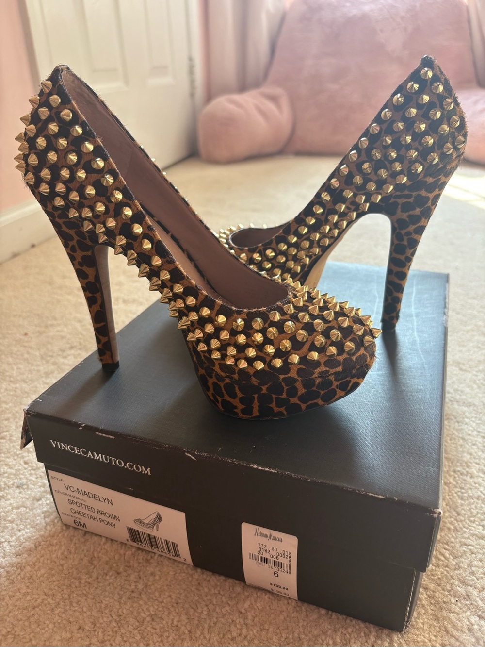 Vince Camuto Leopard Print Gold-Stud Platform Pumps